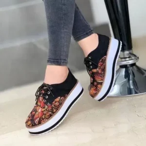 Romboom Women Fashion Pattern Canvas Flat Lace-Up Sneakers