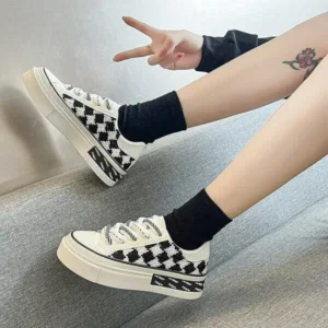 Romboom Women Fashion Platform Checkerboard Canvas Sneakers