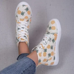 Romboom Women Fashion Round Toe Lace-Up Pineapple Strawberry Flat Sneakers