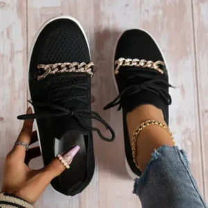 Romboom Women Fashion Round Toe Rhinestone Metal Decoration Lace-Up Mesh Sneakers