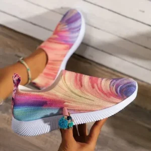 Romboom Women Fashion Round Multicolor Gradient Rainbow Mesh Sneakers