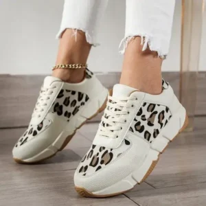 Romboom Women Fashion Round Toe Stitching Lace Up Low Top Leopard Sports Sneakers